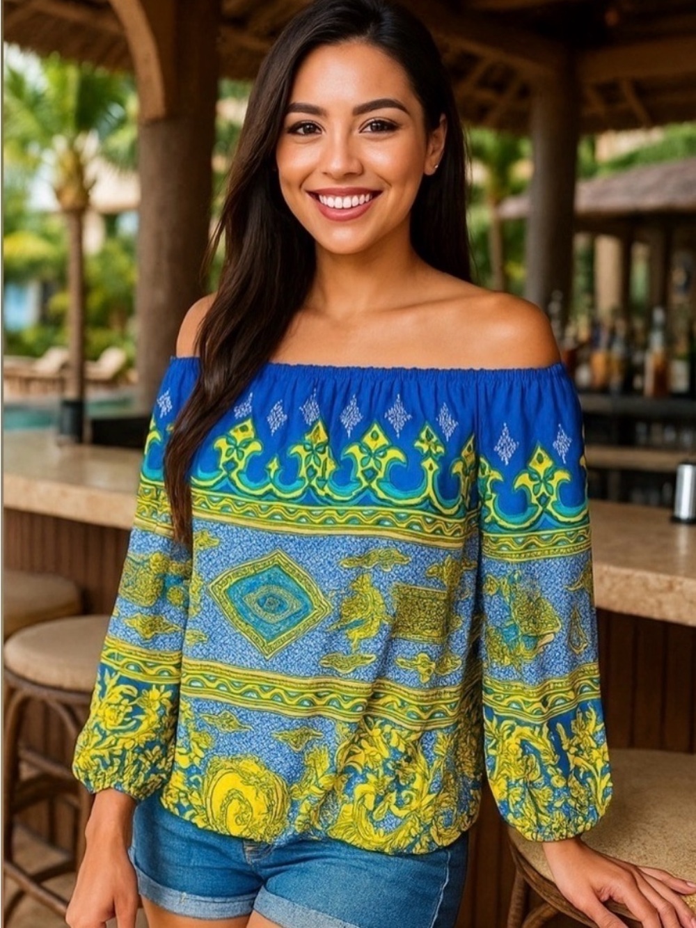 Hale Bob 100% Silk, Oversized Blue & Yellow Patterned Blouse, On/Off Shoulder S